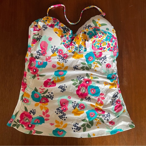 Liz Claiborne Floral Tankini Top Medium Ruched White Single Strap or Strapless - Picture 3 of 9